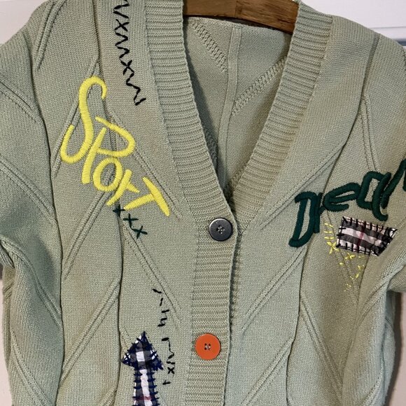 ebossy Cable Knit Cardigan Embroidery Sweater Button V Neck Coat Size M Green - Picture 5 of 15